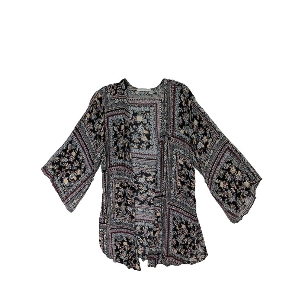 Chris & Carol Kimono Womens L Black Floral Hippie Indie Boho Festival Patchwork